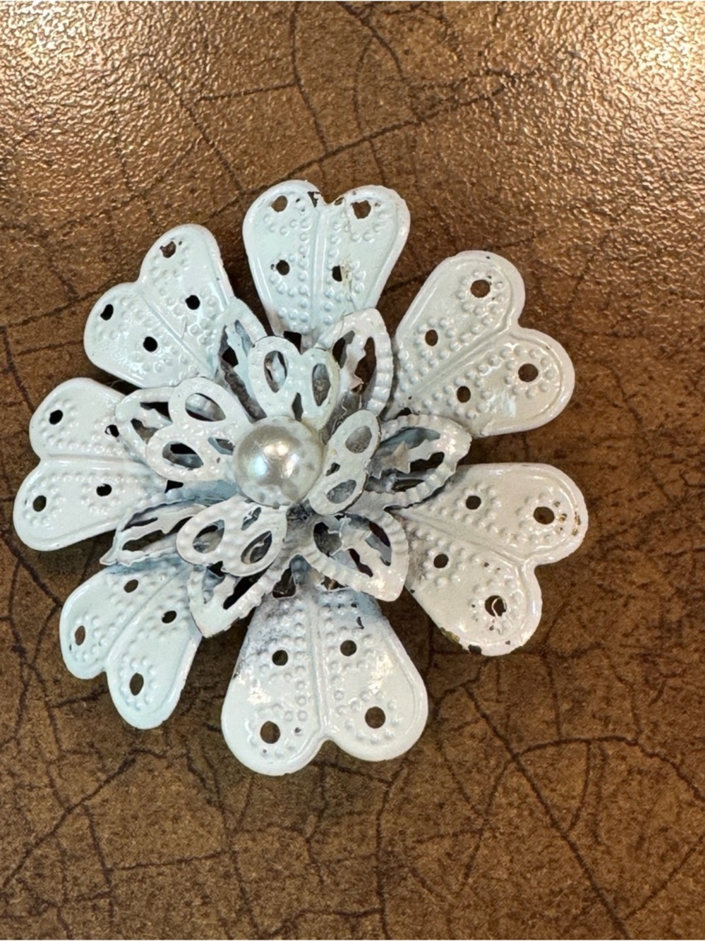 White Metal Flower Brooch with Pearl Center